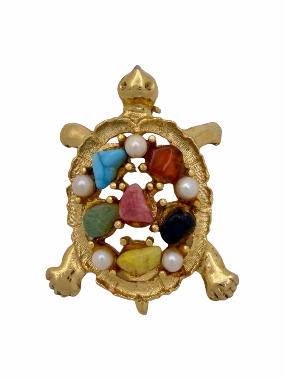 Vintage Sarah Coventry Turtle Brooch Multicolor Stones Pearl BROKEN Pin